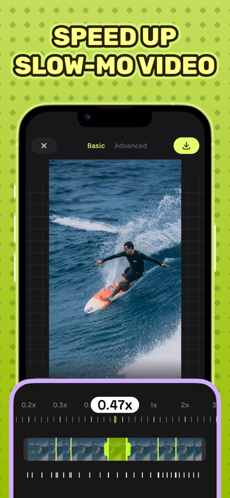 Speed Up Video - Mobile app interface showing a surfing video being edited for slow motion at 0.47x speed.