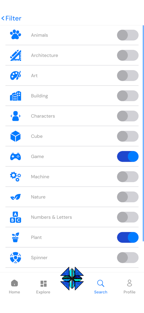 TOSY Magnet Play - Search filter screen in the TOSY Magnet Play app showing a list of building categories with toggle switches