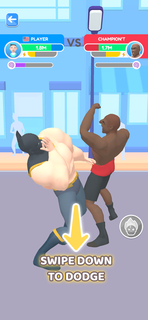 A muscular hero dodging an opponent in an Idle Push Up street fight