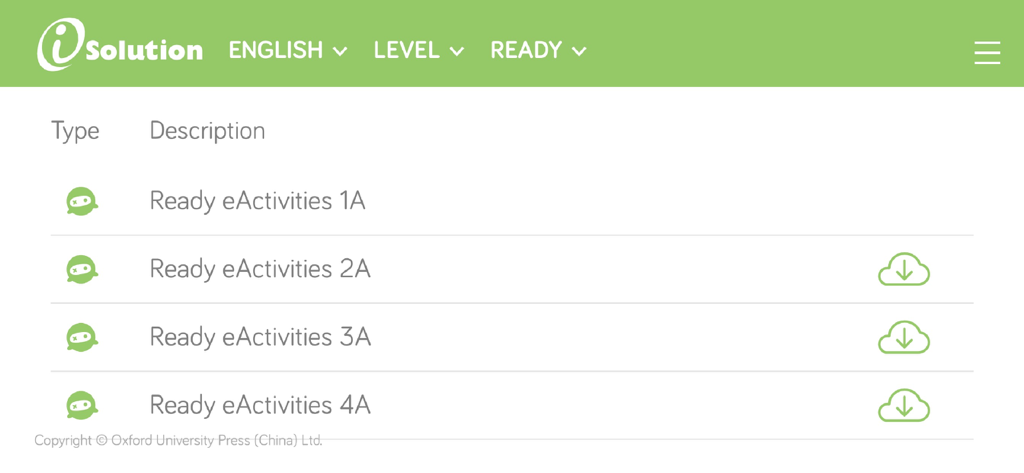 Oxford iSolution - A list of downloadable English eActivities for different levels within the Oxford iSolution educational app.