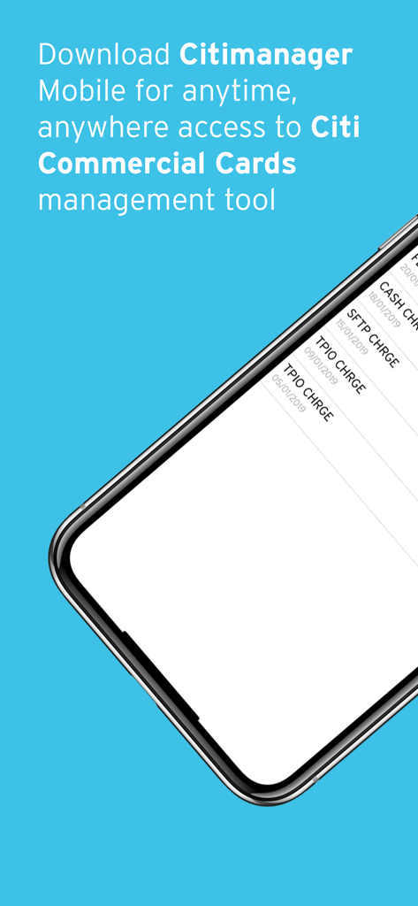 CitiManager – Corporate Cards - Pantalla promocional de la aplicación móvil CitiManager mostrando funciones de gestión de tarjetas comerciales e historial de transacciones