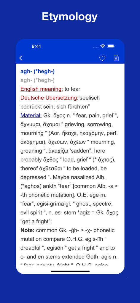 Proto Indo European Etymology - A screenshot of the etymology app showing a detailed dictionary entry for a Proto-Indo-European root word with linguistic meanings and cognates.