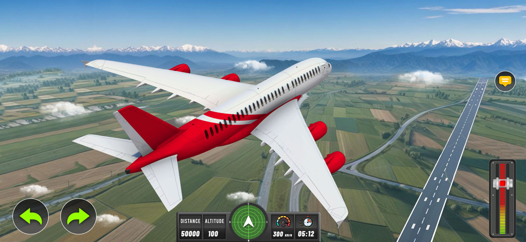 Flight Simulator-Airplane Game - Un avión de pasajeros blanco y rojo volando sobre un paisaje rural con montañas en la distancia y una pista de aterrizaje a la derecha.