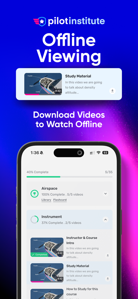 파일럿 인스티튜트 앱 인터페이스에 오프라인 비디오 강의 및 비행 훈련 진행 상황 표시