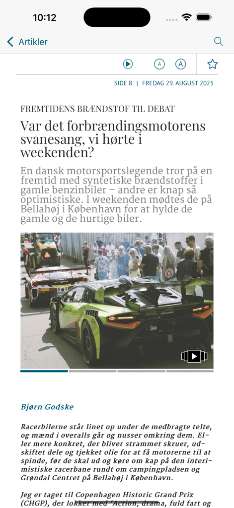 Ingeniøren e-avis - Mobile article view in the Ingenioeren e-avis app featuring a story on future fuels and internal combustion engines with a photo of sports cars