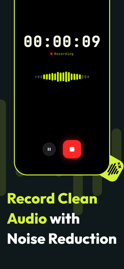 Pantalla de smartphone que muestra una sesión de grabación de audio activa con una onda y el texto Grabar Audio Limpio con Reducción de Ruido.