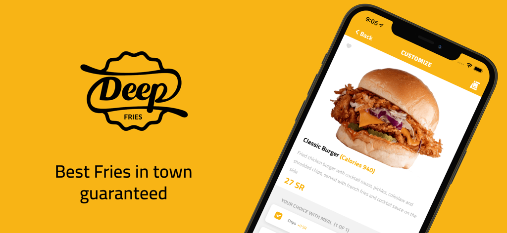 DEEP FRIES | ديب فرايز - Deep Fries mobile app screen displaying a classic chicken burger and ordering options