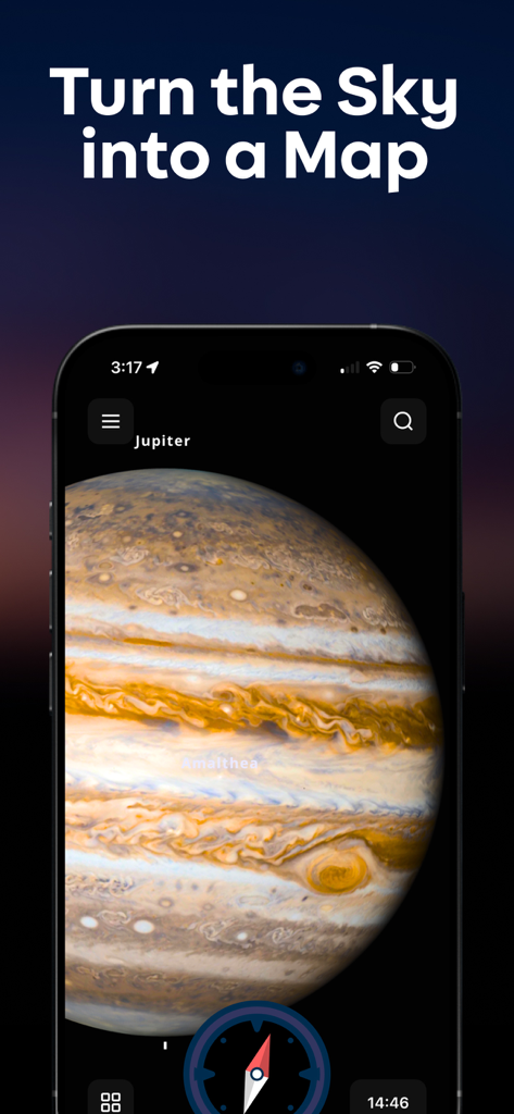 Star Gazer & Night Sky Map - Smartphone screen showing a high-resolution image of Jupiter within the Star Gazer app