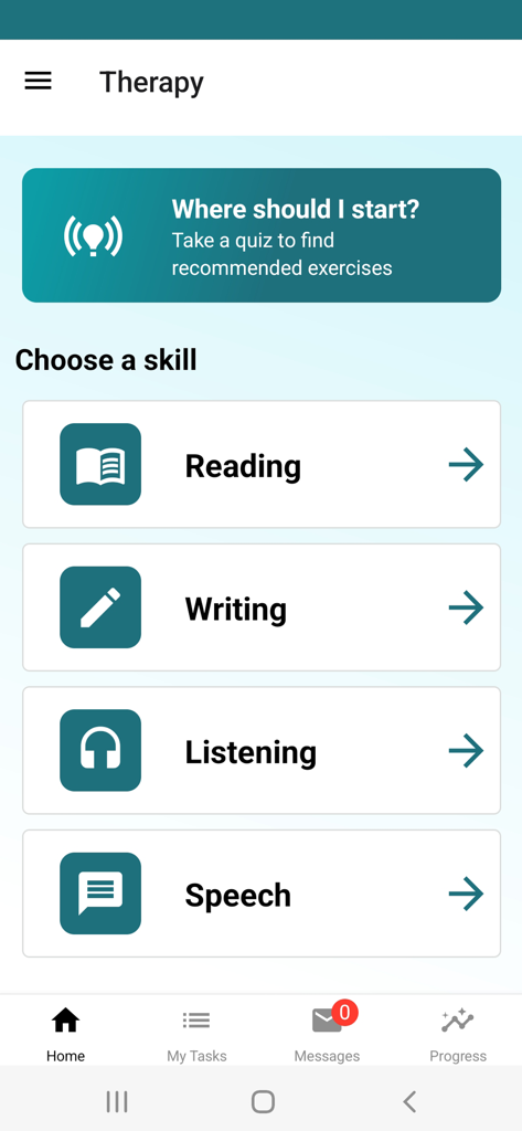 Menu de thérapie dans l'application My Aphasia Coach avec des boutons pour les compétences de lecture, d'écriture, d'écoute et de parole.