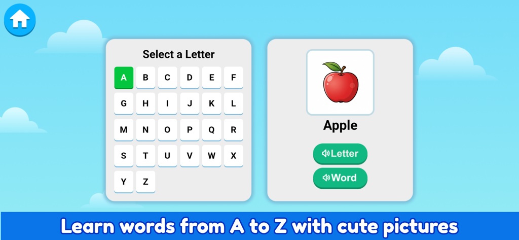 A screen from the ABC Alphabet app showing a letter selection grid and an apple illustration for the letter A