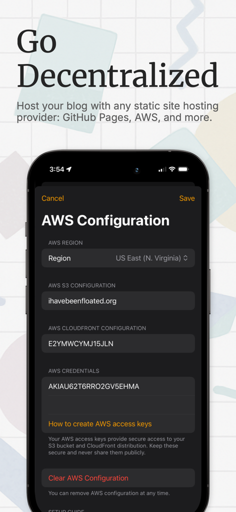Pantalla de configuración de la aplicación Postalgic para el alojamiento en AWS S3 y CloudFront para microblogging descentralizado.