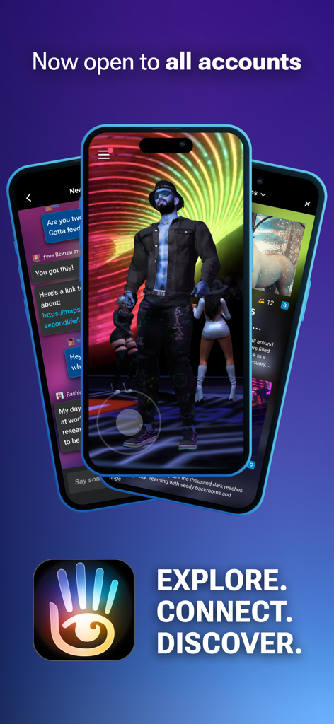 Second Life - Second Lifeモバイルアプリのスクリーンショット。3Dアバターとソーシャルチャットインターフェースを表示しています。