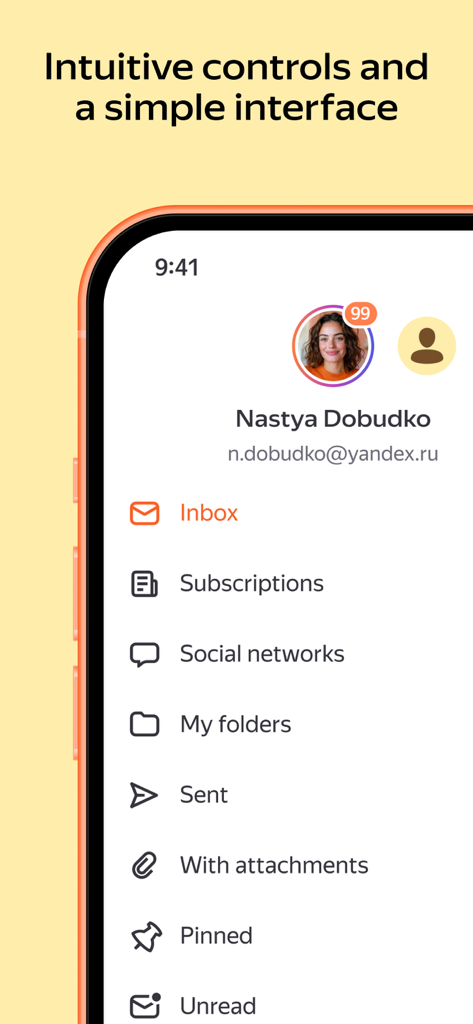 Yandex Mail mobile app interface with intuitive navigation controls and inbox folders