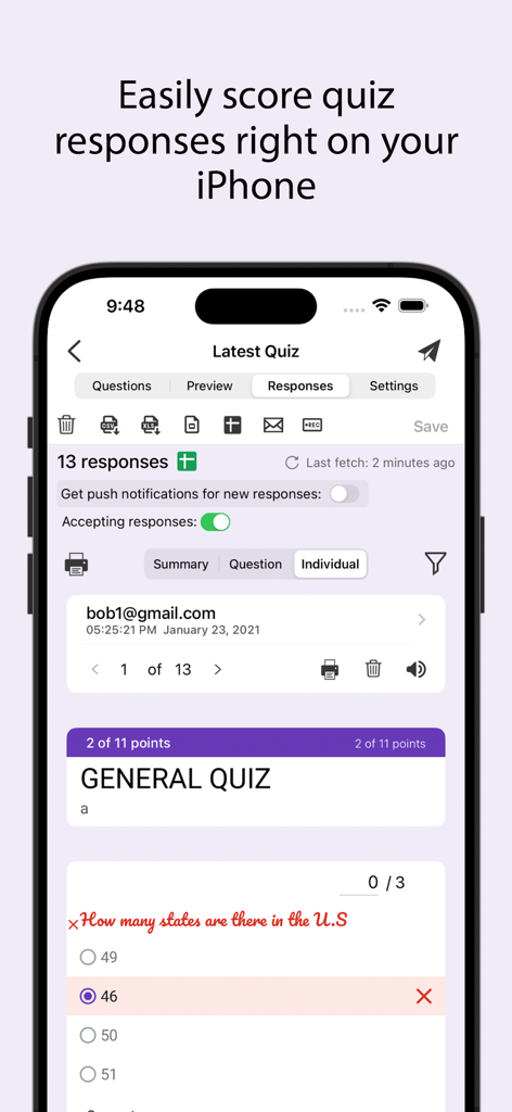 Form for Google Forms - Mobile app interface for scoring Google Forms quiz responses on an iPhone