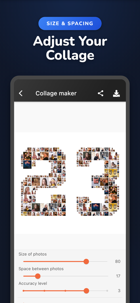 Phinsh Photo Collage Maker - Phinsh app interface for adjusting photo size and spacing for number shaped collages