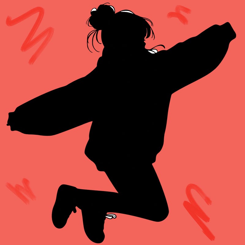 realistic girl jumping with a bun and oversized sweatshirt