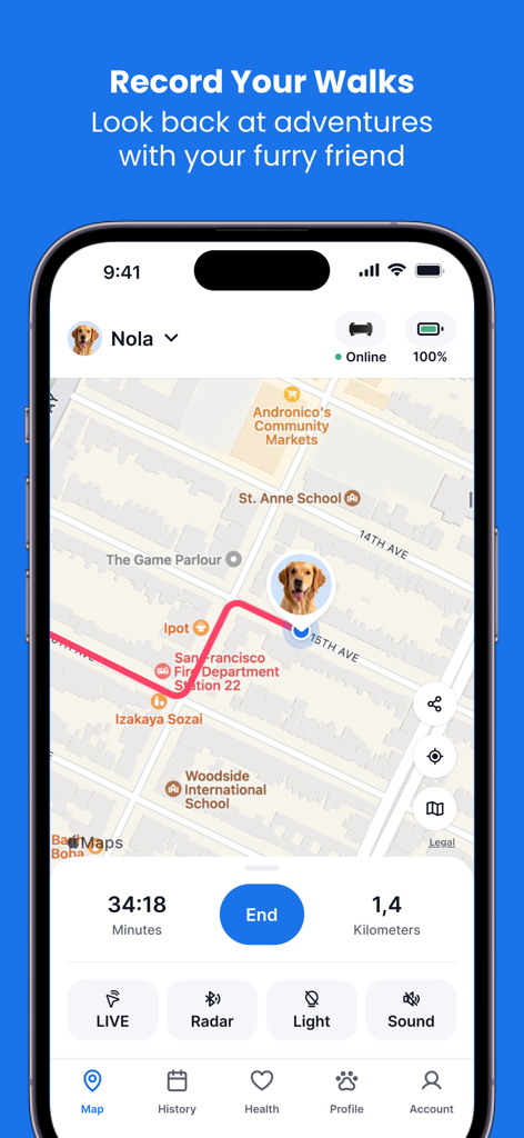 Tractive GPS for Dogs and Cats - Tractive GPS app showing a dog's recorded walk route on a city map with time and distance statistics