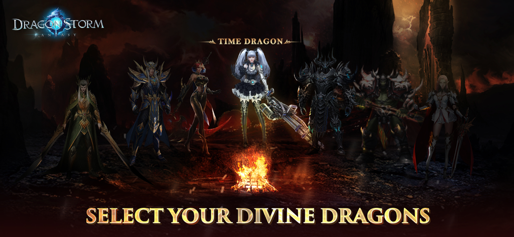 Dragon Storm Fantasy - Character selection menu in Dragon Storm Fantasy showing seven diverse warrior forms around a campfire