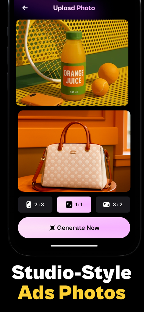 AI UGC Video Ads - Product Ads - Interface d'application mobile pour générer des photos produit de style studio pour des publicités avec des options de rapport d'aspect