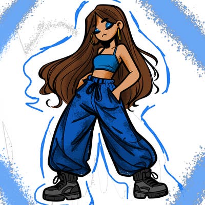 girl in baggy pants crop top and long hair