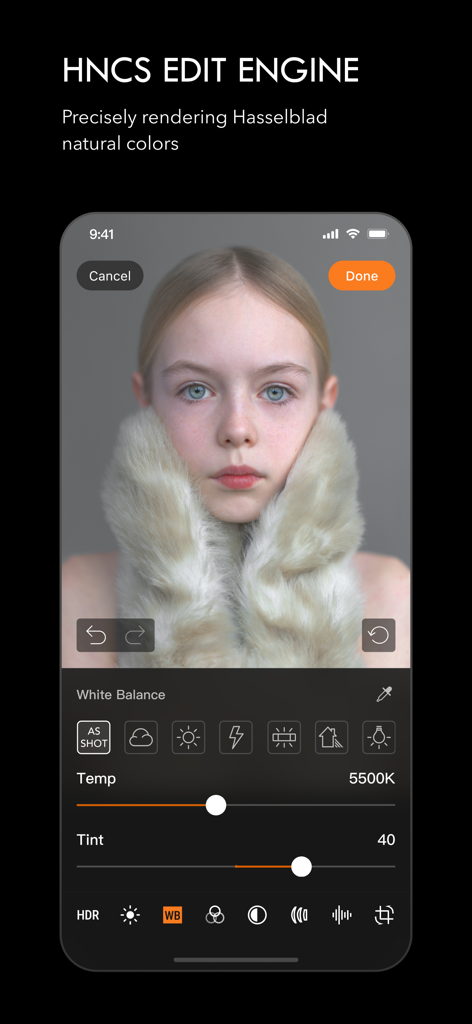 Phocus Mobile 2 - Phocus Mobile 2 app screen showing portrait editing with Hasselblad HNCS white balance tools.