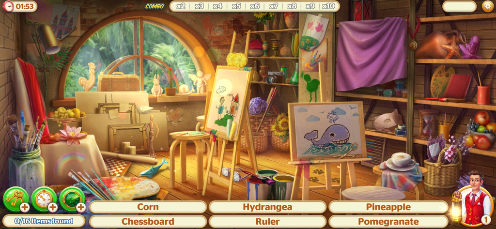 An art studio hidden object puzzle scene from Hidden Hotel Miami Mystery