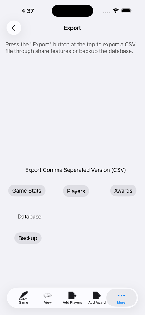 Export screen for basketball game stats and player information to CSV files