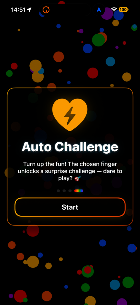 Interfaz de la app Tap Roulette PRO mostrando la pantalla del modo Desafío Automático con un ícono de rayo de corazón y un botón de inicio