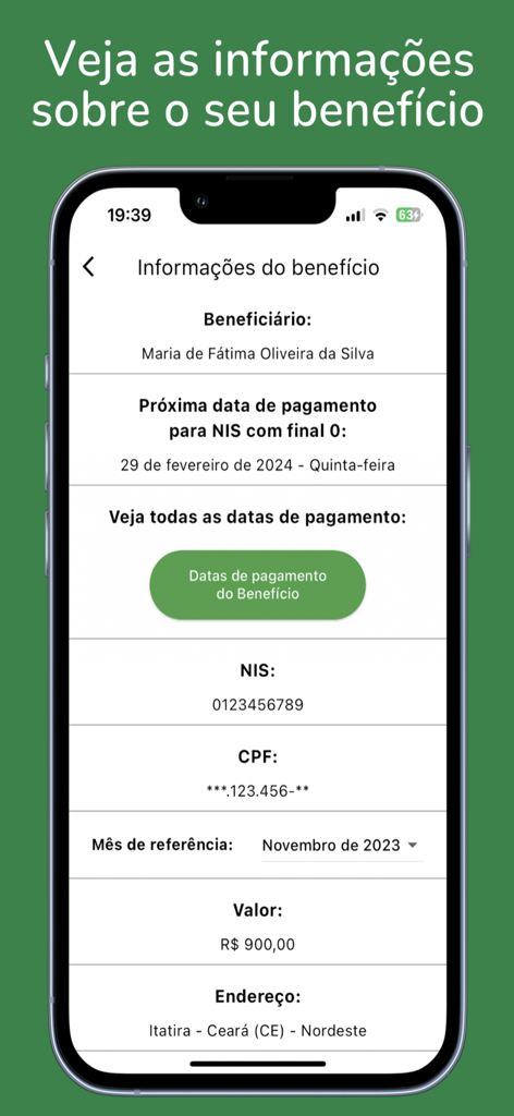 Mobile app interface displaying Bolsa Familia social benefit information and payment schedules
