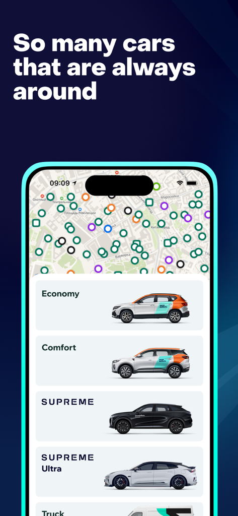 Delimobil app interface showing an interactive map of available car locations and vehicle categories like Economy and Supreme