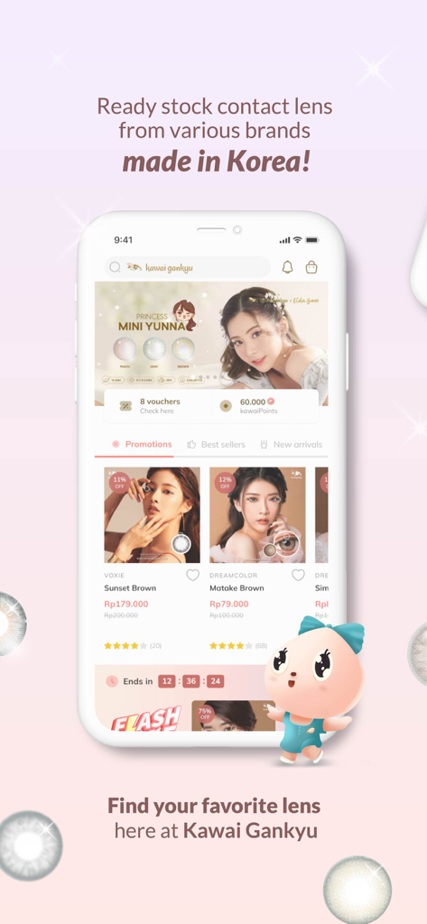 Kawai Gankyu - Kawai Gankyu mobile app home screen showcasing various Korean made contact lenses and promotions
