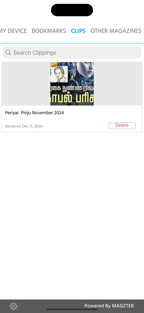 Periyar Pinju - Interface of the Periyar Pinju app showing a saved magazine clipping from November 2024.