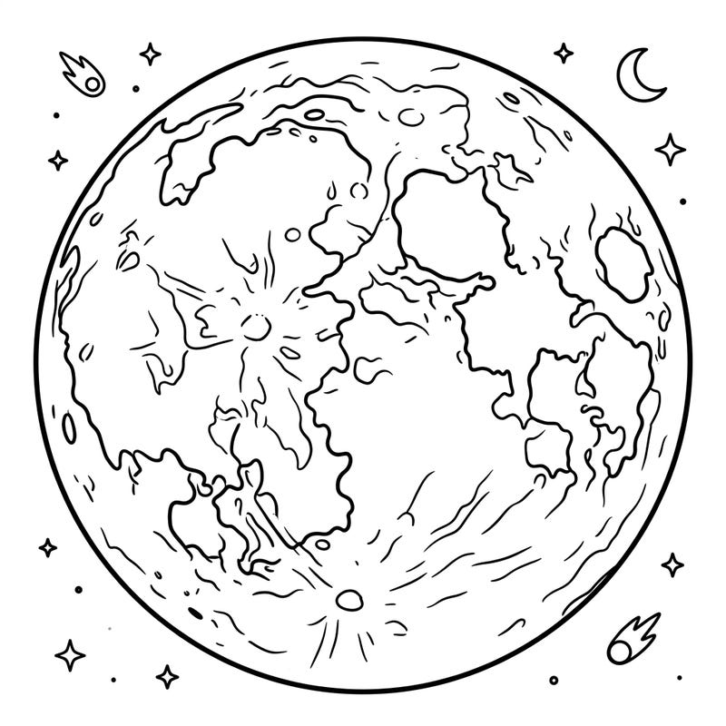 Journey to the Moon with this exciting coloring page featuring its famous Lunar Maria! Designed for kids aged 4-8, it offers an engaging way to learn about space.