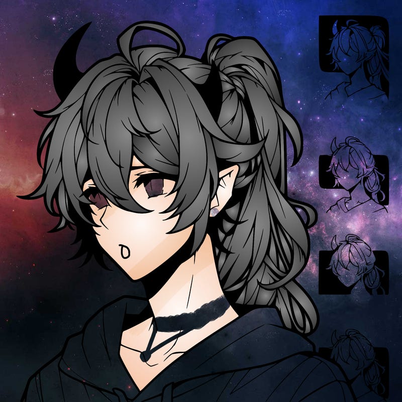 realistic hot anime boy with horns and long messy hair put in a pony tail