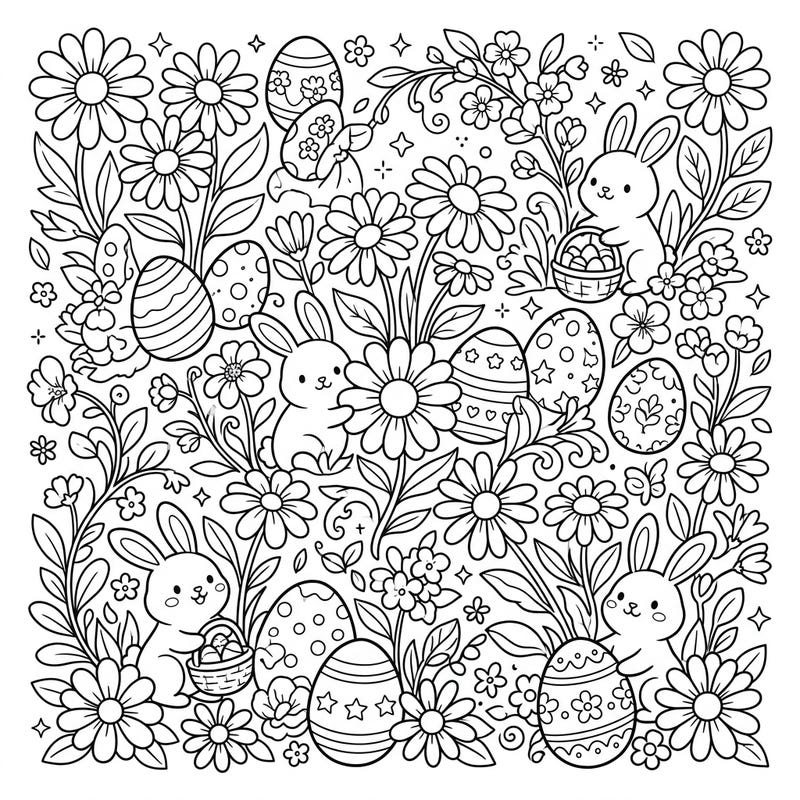 Embrace the joy of Easter with this delightful coloring page, brimming with playful bunnies, intricately decorated eggs, and charming daisies. It's the perfect spring activity to spark creativity and relaxation for all ages.