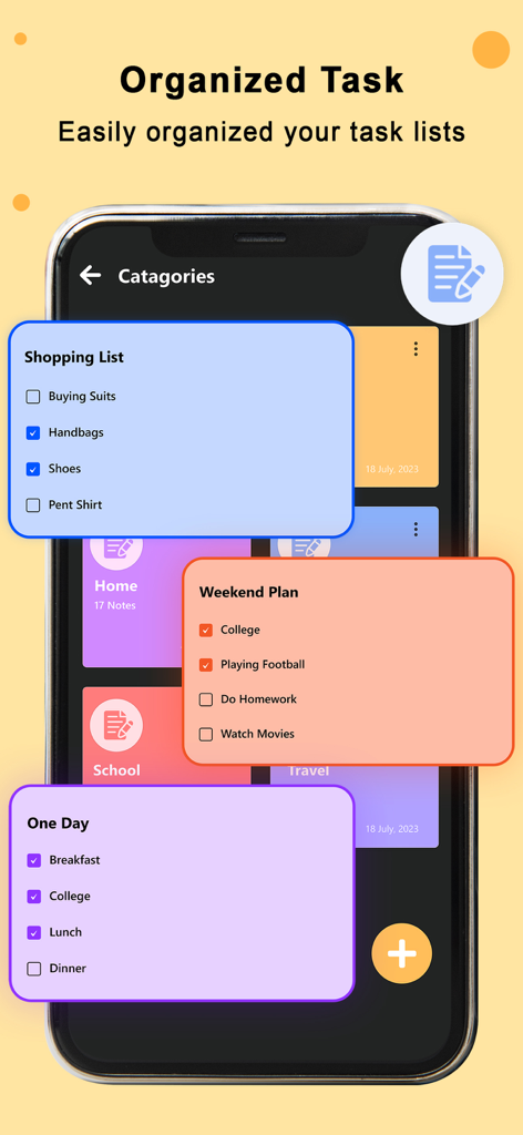 My Notes: Diary, Voice & Memos - Un smartphone montrant l'interface de l'application My Notes avec des catégories de tâches organisées et des listes de contrôle comme des listes de courses et des projets pour le week-end.