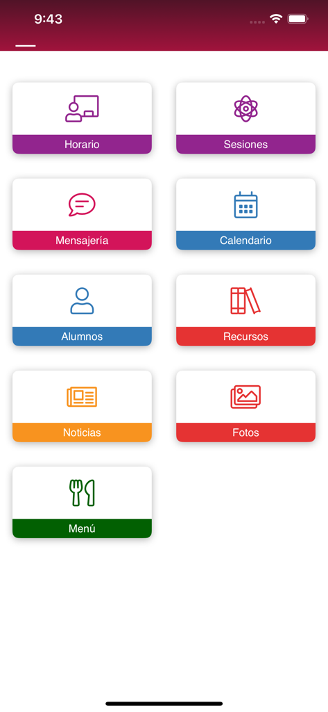 Panel principal de la aplicación móvil Clickedu con iconos para horario, mensajería, calendario y recursos escolares.