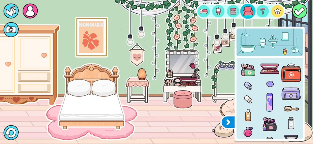 Schlafzimmerinterieur-Designbildschirm in Prinzessinnenstadt Dekorationsspielen, der ein Bett, einen Waschtisch und ein Möbelauswahlmenü zeigt.