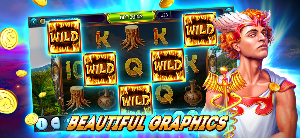 Vibrant slot machine game interface with a mythological character and flaming wild symbols