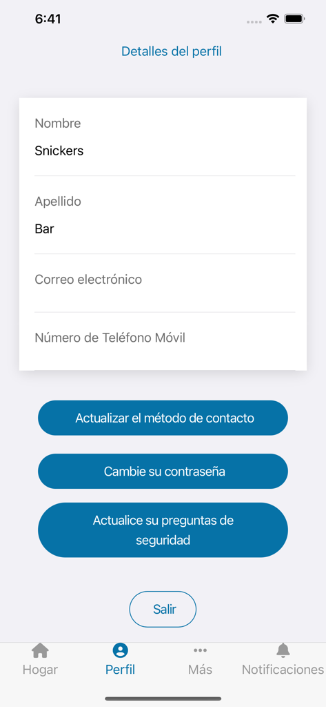 GA Gateway app profile details screen in Spanish displaying user account information and management options