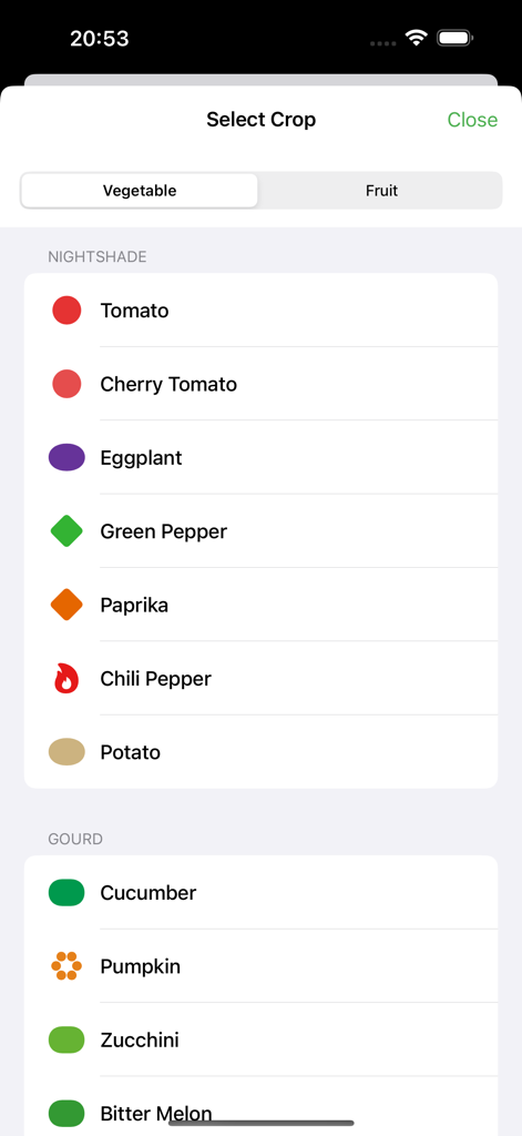 Der Bildschirm zur Auswahl der Pflanzen in der Easy Home Garden App zeigt eine Liste von Gemüsesorten, kategorisiert nach Pflanzenfamilien wie Nachtschattengewächse und Kürbisgewächse