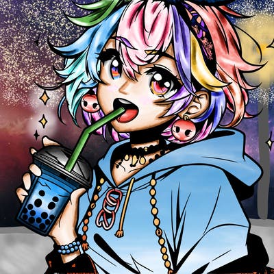 hot baddie anime girl drinking boba and biting the straw