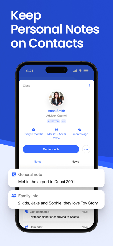 Covve CRM Manage your contacts - Ein Smartphone-Bildschirm mit persönlichen Notizen und Familiendetails für einen Kontakt in der Covve CRM-App