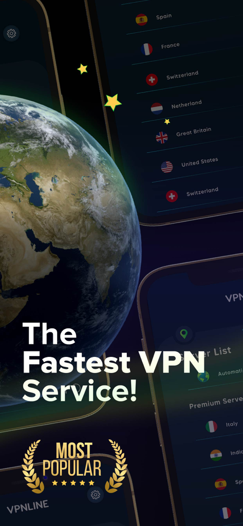 VPNLINE - Fast & Secure Vpn - VPNLINE app interface highlighting the fastest vpn service with a globe and a list of international server locations.