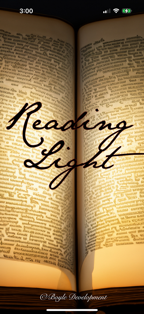 Reading Light Deluxe - An open book illuminated by a warm golden glow from the Reading Light Deluxe app