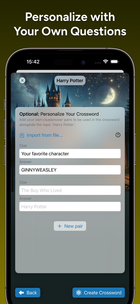 CrossCraft: Crossword Tests - Interfaz para personalizar crucigramas con pistas y respuestas personalizadas con temática de Harry Potter.