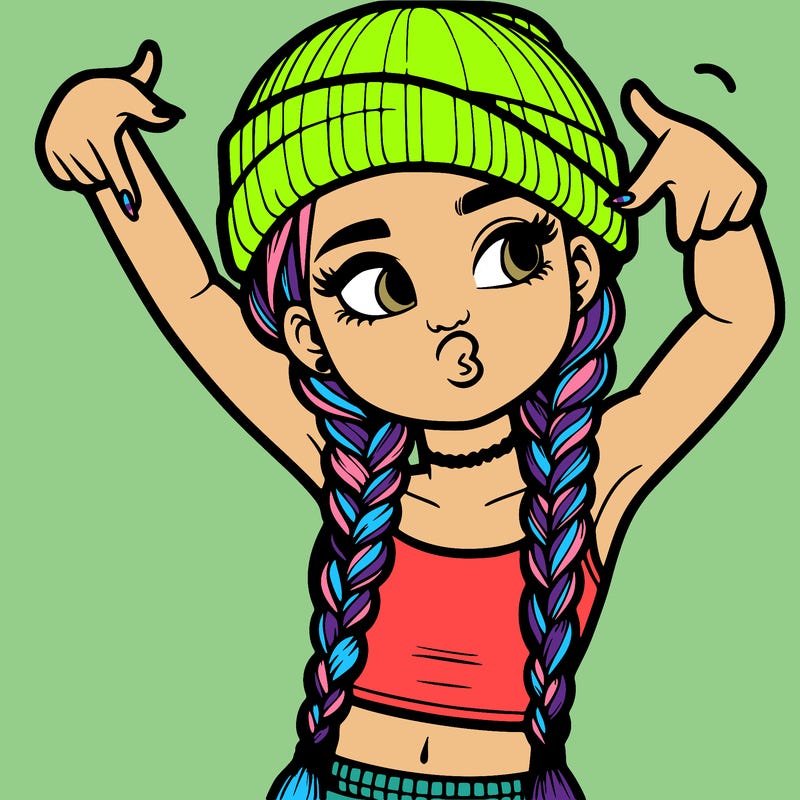 realistic teenage girl with braids and a beanie and crop top doing 🫶🏼
