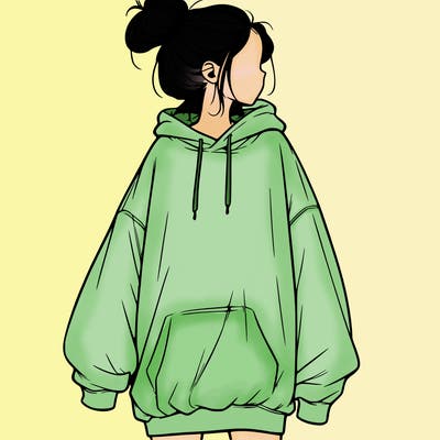 realistic girl with a oversized sweatshirt on and a bun