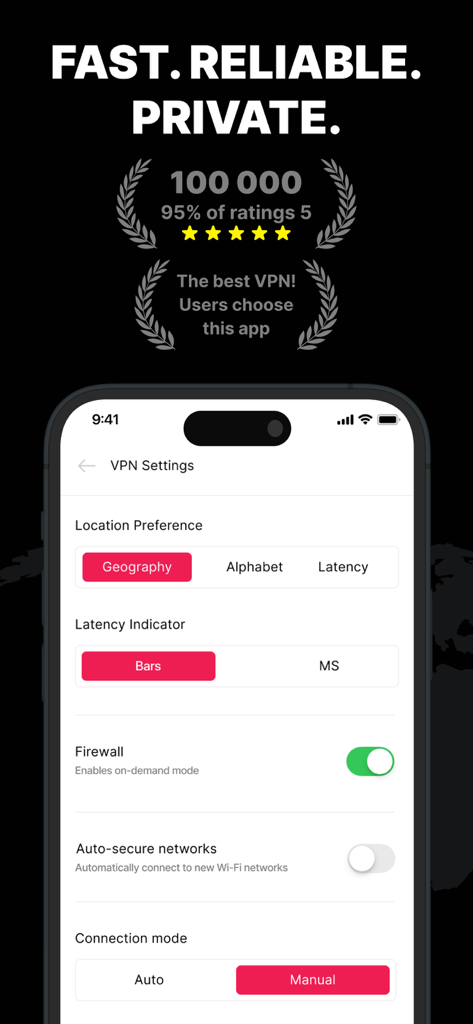 Noctra – Private VPN - A screenshot of the Noctra VPN app settings screen showing options for location preference latency indicator firewall and connection mode