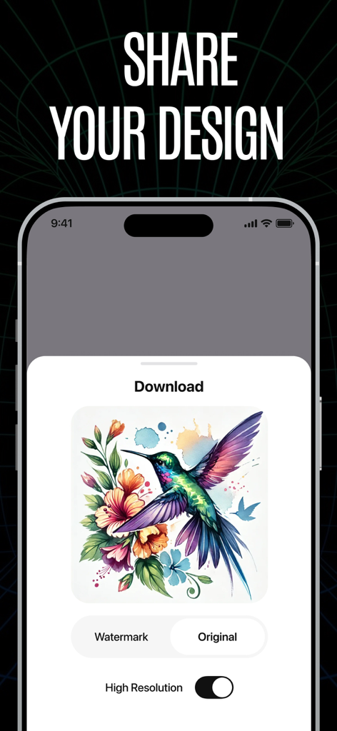 Tattoo AI Design Generator－Ink - Oberfläche, die ein KI-generiertes Aquarell-Kolibri-Tattoo-Design zeigt, das zum Teilen oder Herunterladen bereit ist